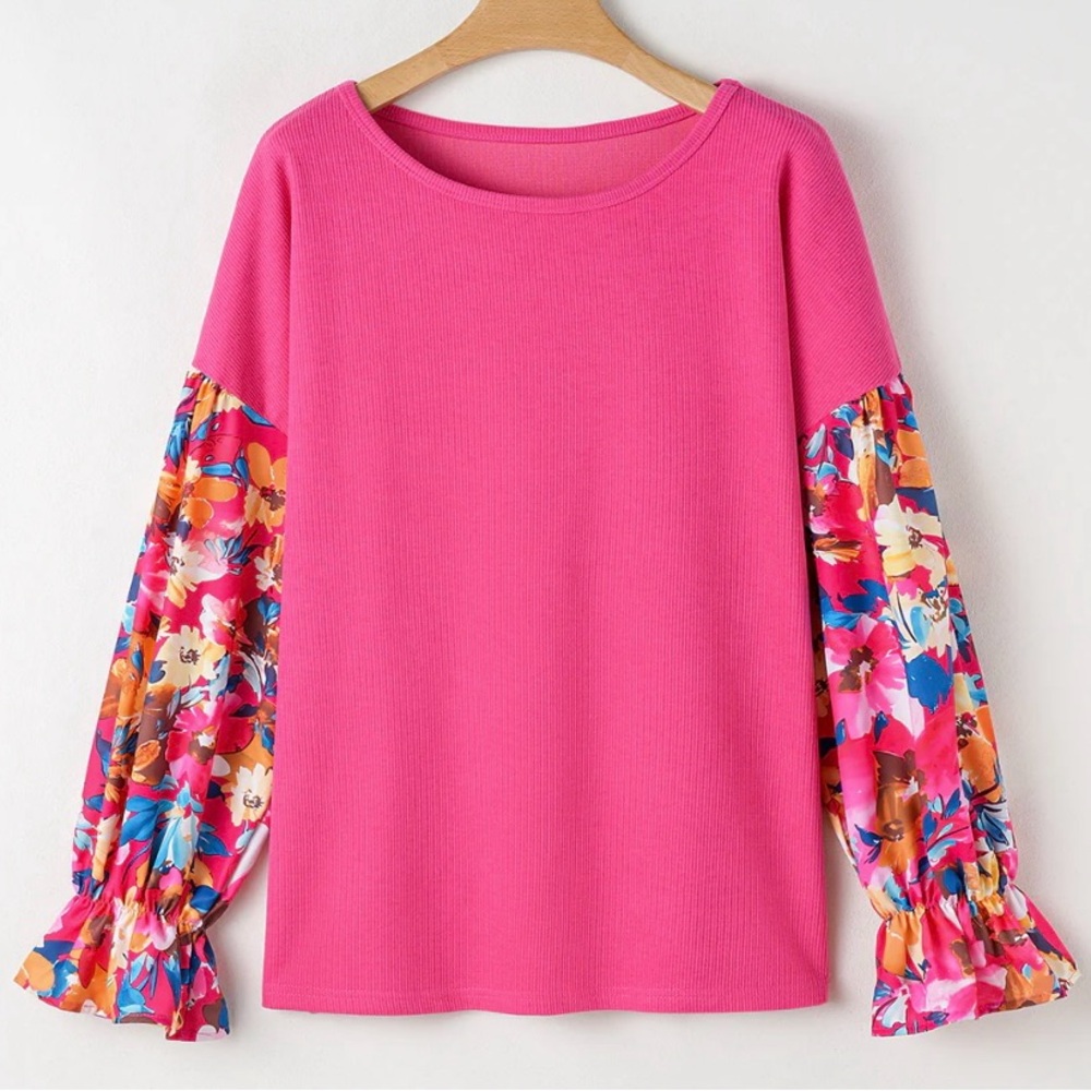 Big Juicy Fashion Bright Pink Floral Patchwork Flounce Sleeve Knit Top plus sz4x